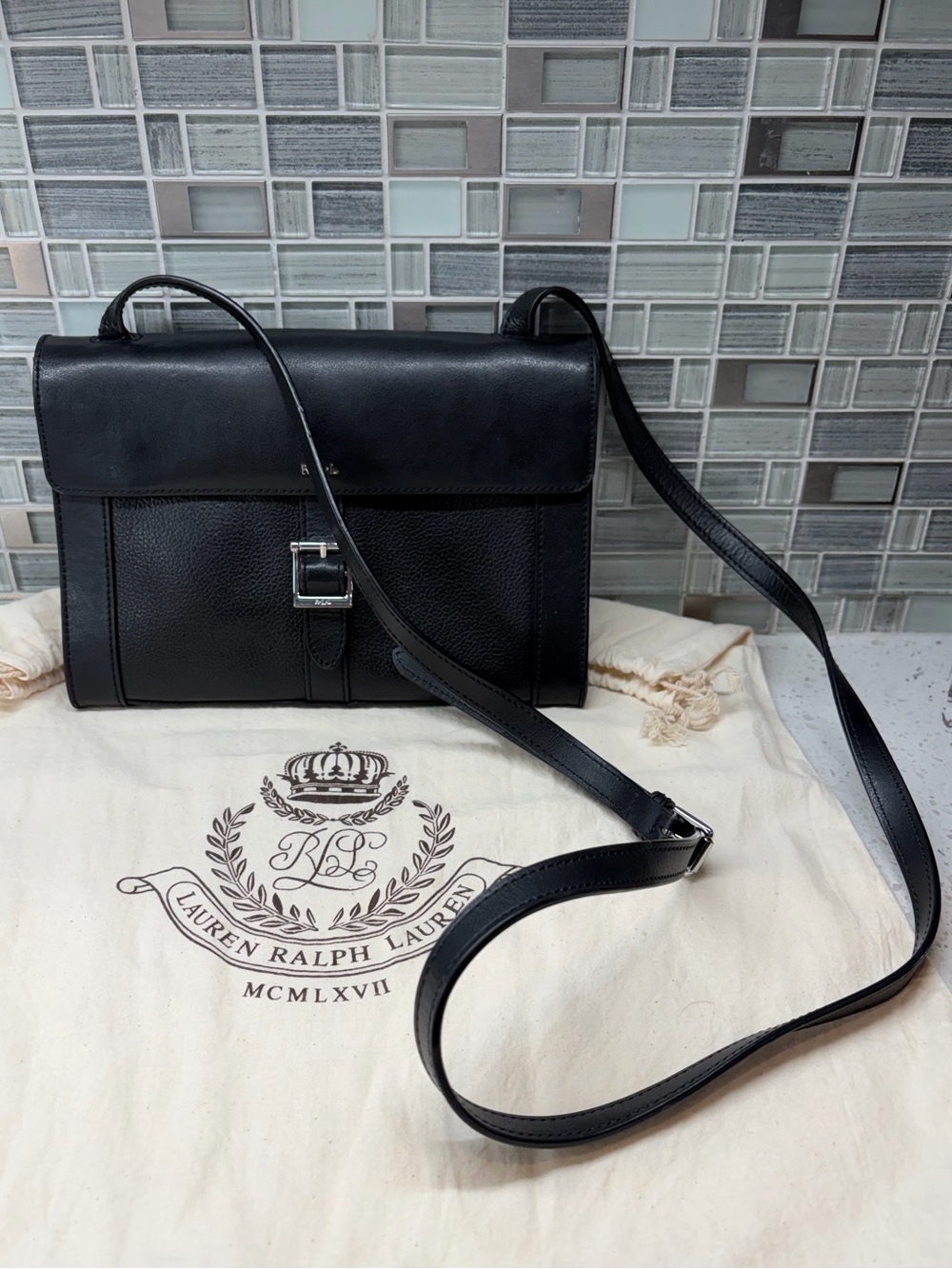 Lauren Ralph Lauren Genuine Cow Leather Black Crossbody Bag Purse